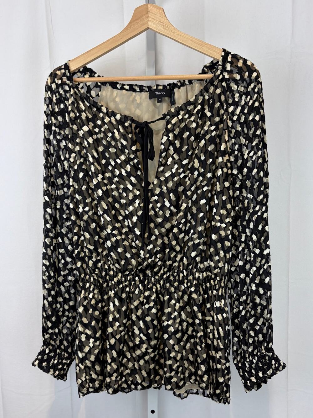 THEORY Drawstring Neck Top C Square Burnout Long Sleeve Black Beige Size XL